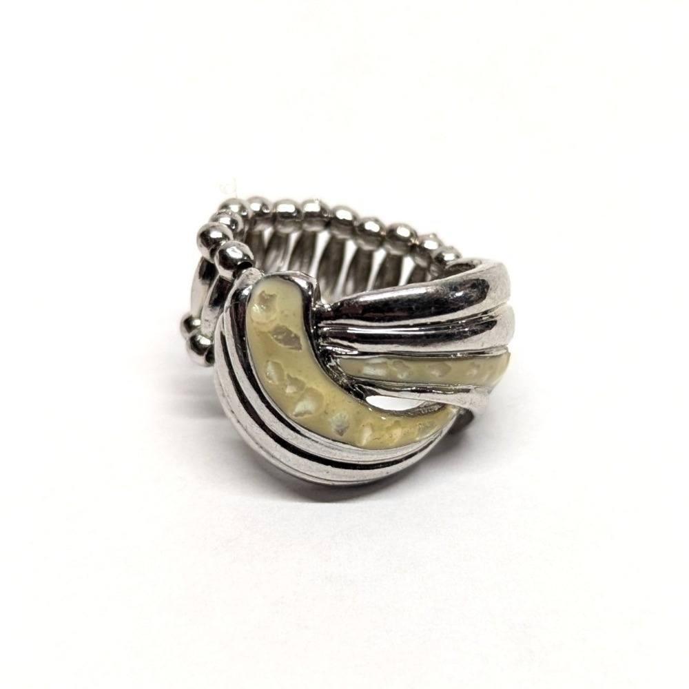 Chunky Stretch Ring Silver Tone Enamel Shell Statement Band‎ Knot Twist Estate
